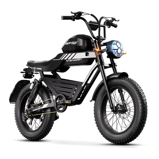 HappyRun G100 – 2000W Dual Battery Long-Range Electric Bike | Full Suspension, NFC Unlock, Retro-Inspired Design
