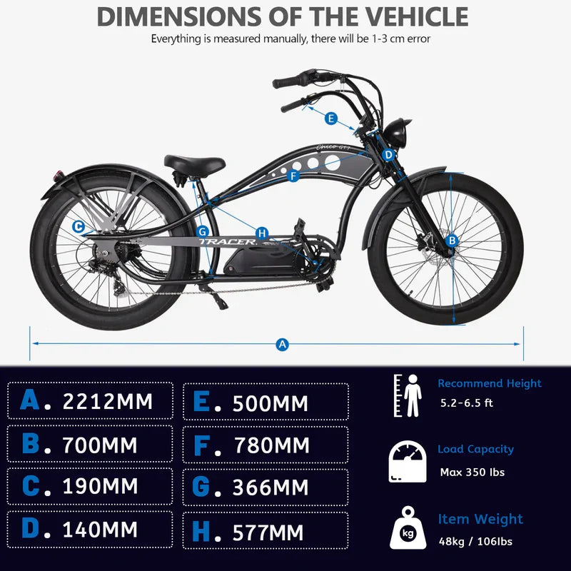 Tracer Chico GT7 750W Stretch Cruiser E-Bike, 48V 20Ah Battery, 50 Mile Range, 26” Fat Tires, Shimano 7-Speed