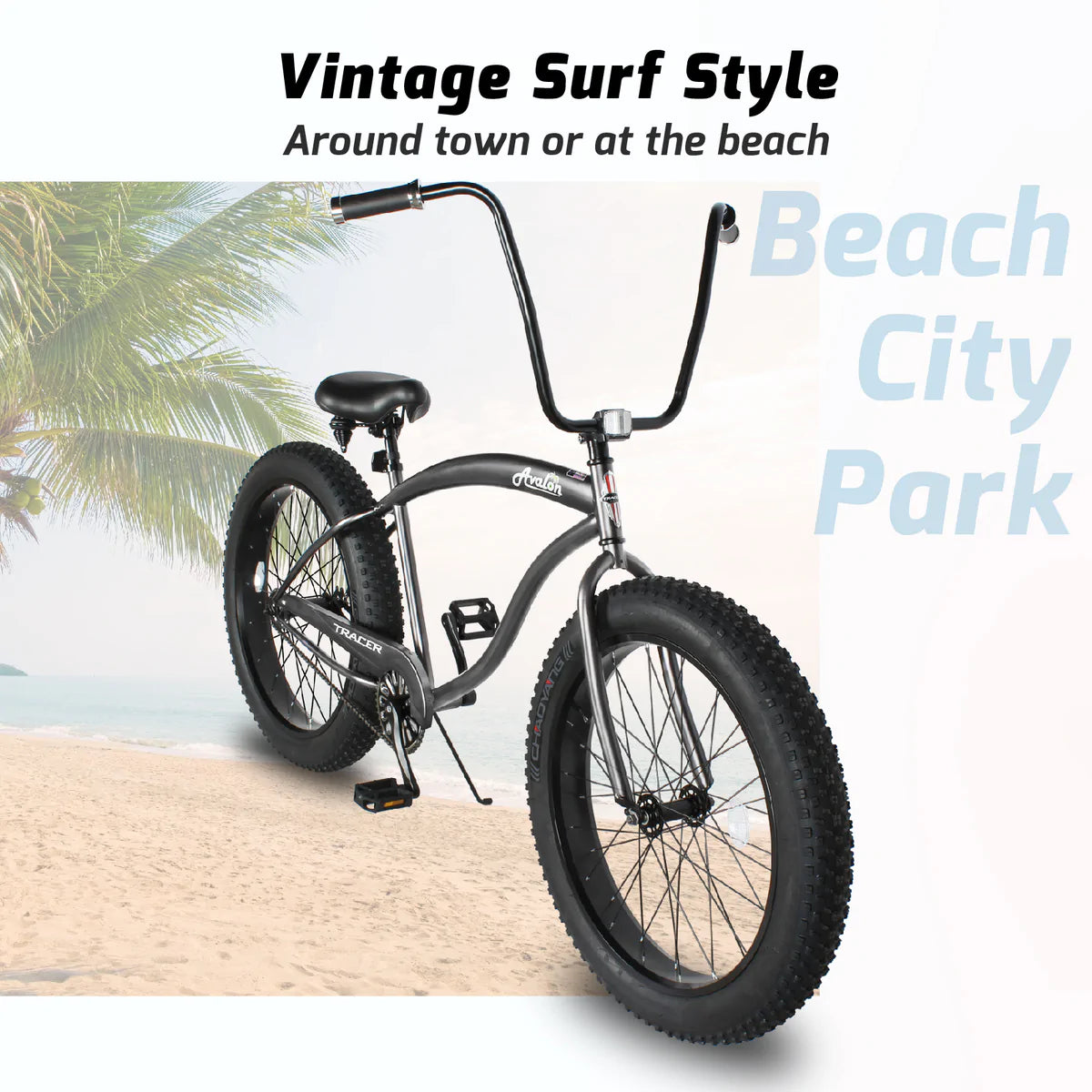 Tracer Avalon GT 26/29" Fat Tire Beach Cruiser Bike - 26" Matte Grey | Beach Cruiser Bikes | Cruiser Bikes | Beach Bikes | 7-Speed | Single Speed | Single Speed Cycle | Adult Bike | Bike Lover USA
