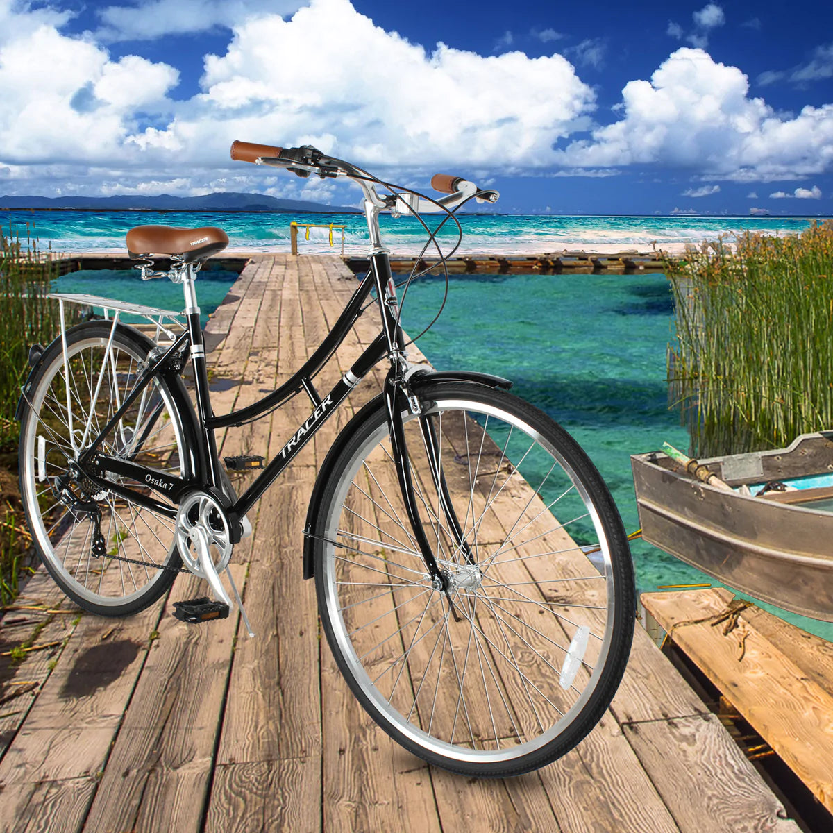 Tracer Osaka 700C Hybrid City Bikes - Shimano 7-Speed - Black | Road Bikes | Hybrid Bikes | City Bikes | 7-Speed | Bike Lover USA