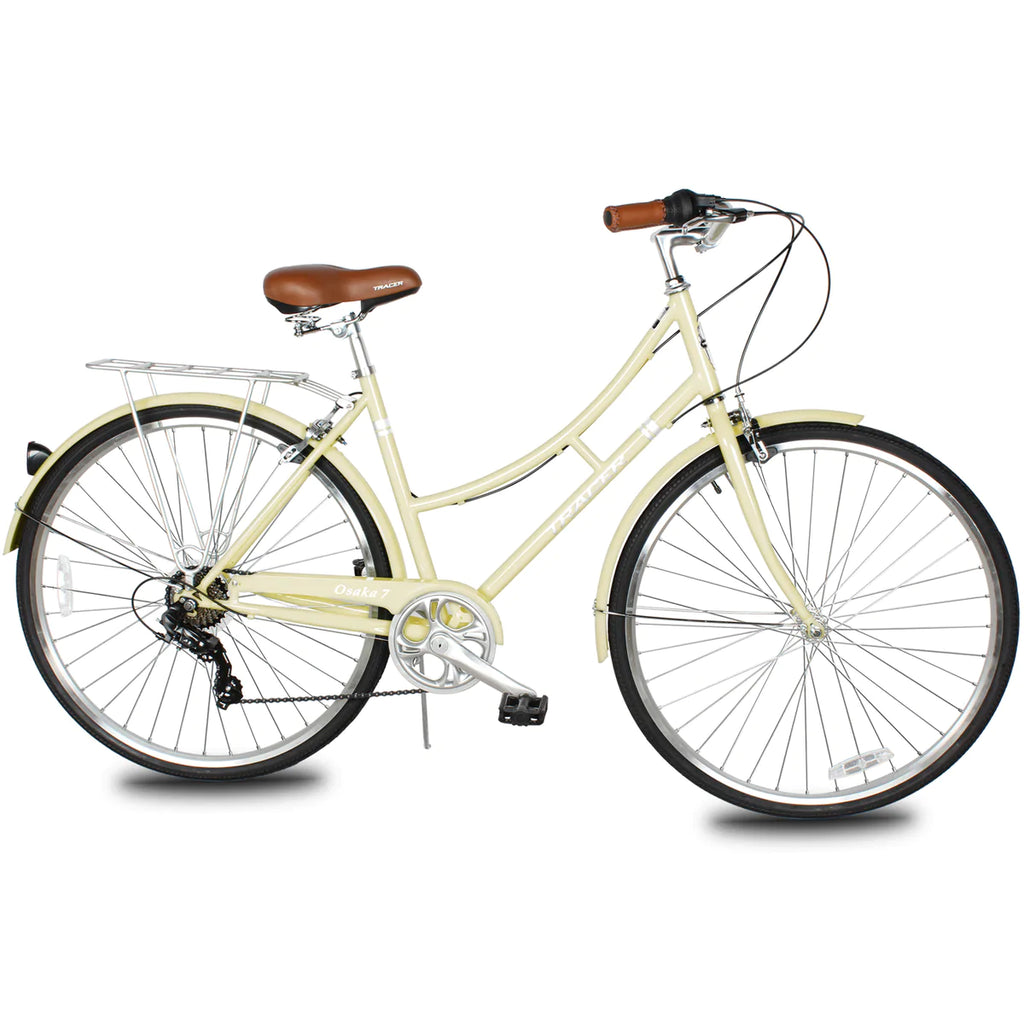 Tracer Osaka 700C Hybrid City Bikes - Shimano 7-Speed - Vanilla | Road Bikes | Hybrid Bikes | City Bikes | 7-Speed | Bike Lover USA