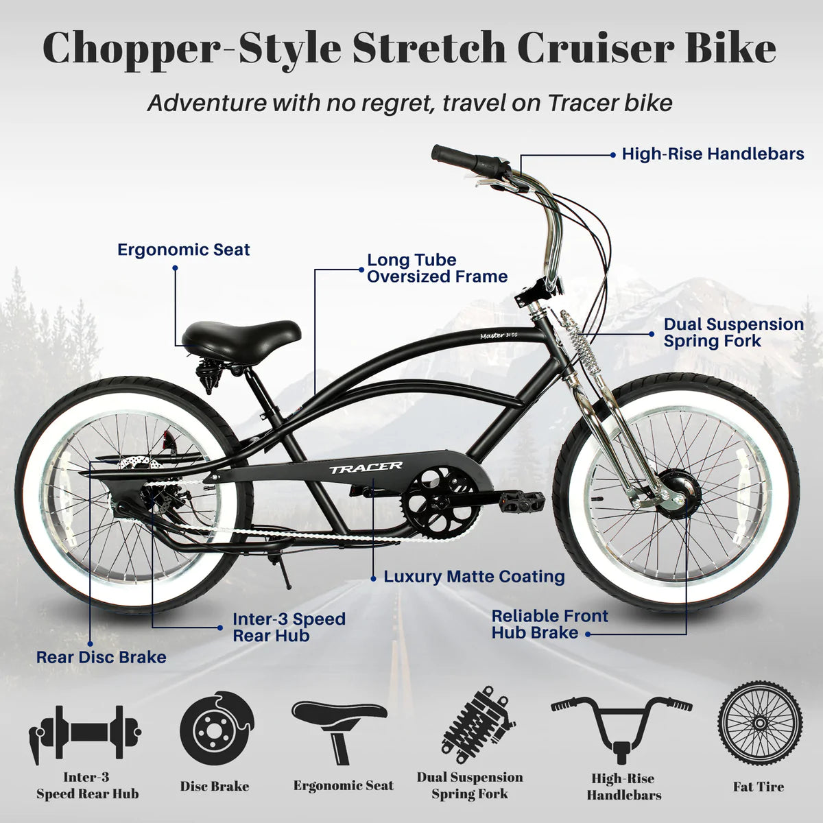 Tracer Master 2.0 3i Internal 3-Speed - Matte Black | Fat Tire Bike | Cruiser Fat Tire Bike | Stretch Bike | Fat Tire | Bike Lover USA