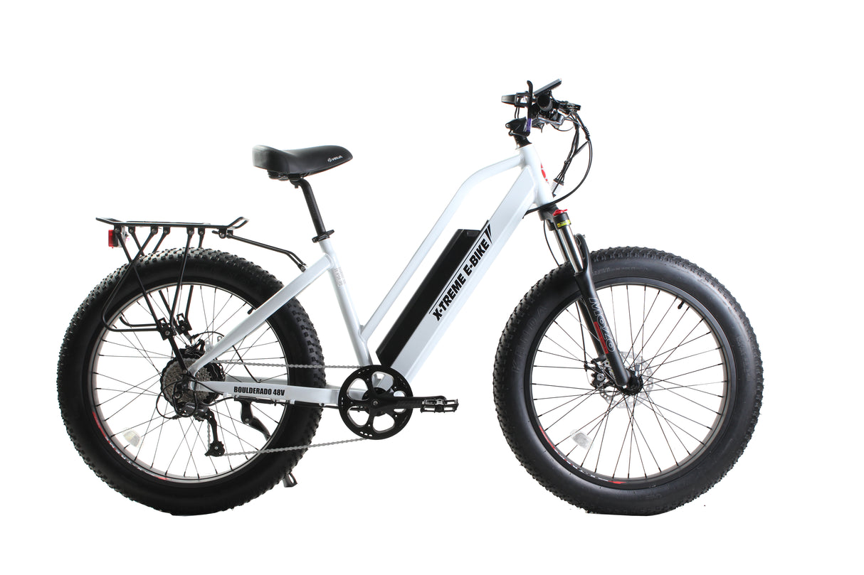 X-Treme Boulderado 48V 17Ah Fat Tire Step-Through Electric Mountain Bicycle 500W Rear Hub Motor 25 mph LiFePO4 Battery