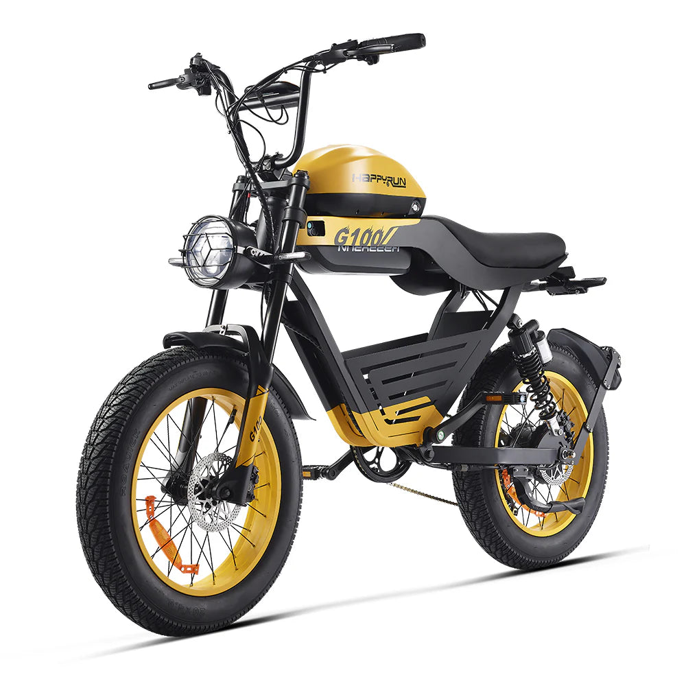 HappyRun G100 – 2000W Dual Battery Long-Range Electric Bike | Full Suspension, NFC Unlock, Retro-Inspired Design