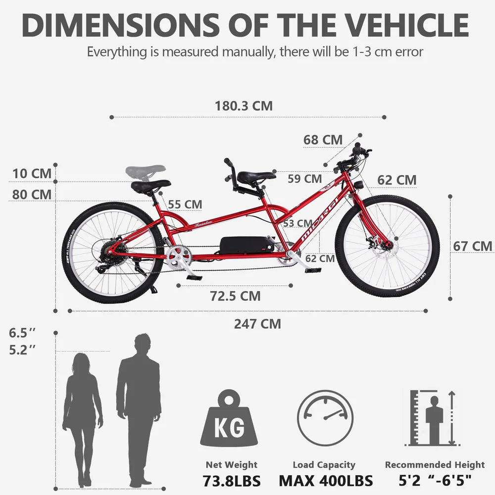 Tracer Raiatea 500W Tandem Electric Bicycle, Up to 25 MPH Top Speed, 48V 17.5Ah Battery, 30–50 Mile Range, 26” Tires, 7-Speed