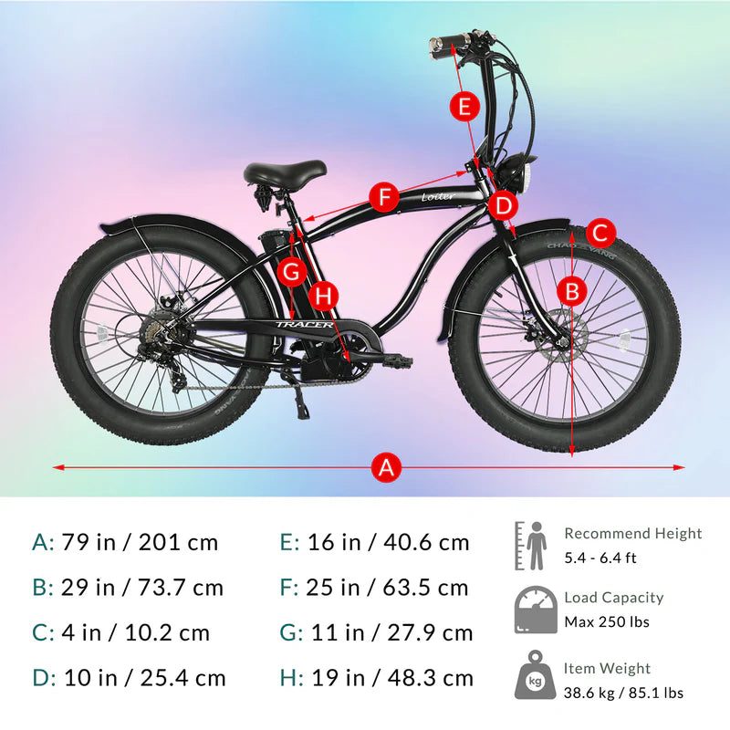 Tracer Loiter 26" 800W Cruiser E-Bike, 48V 17.5Ah Battery, 40–50 Mile Range, 26×4.0 Fat Tires, Shimano 7-Speed, Up to 25 MPH