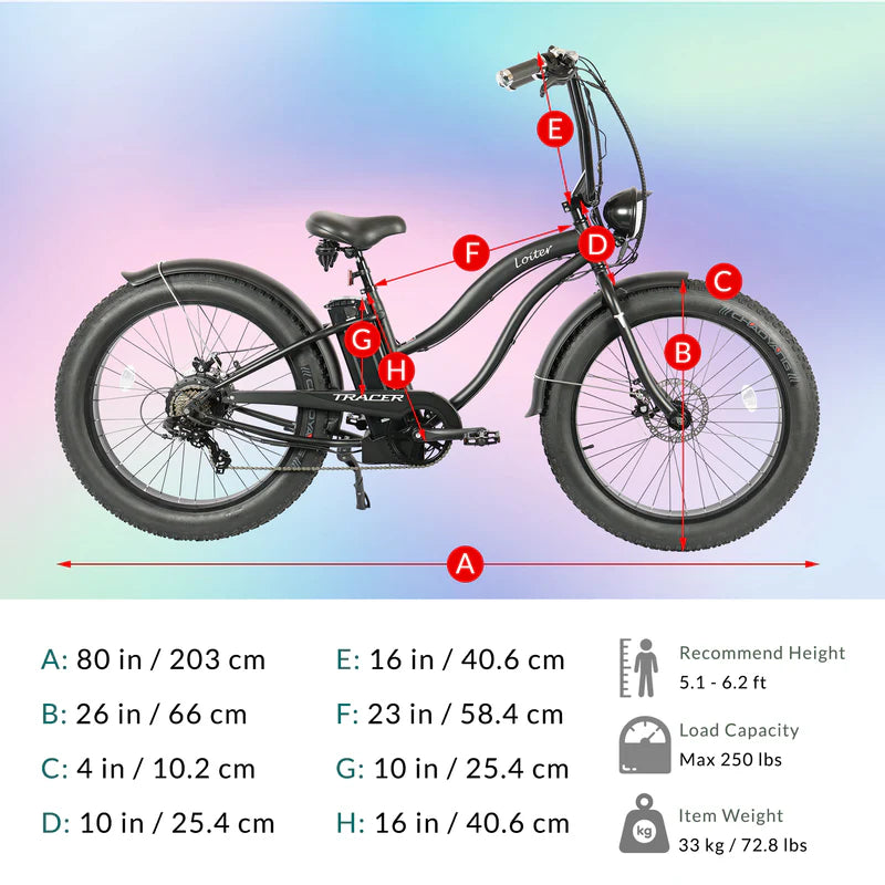 Tracer Loiter 26" 800W Cruiser E-Bike, 48V 17.5Ah Battery, 40–50 Mile Range, 26×4.0 Fat Tires, Shimano 7-Speed, Up to 25 MPH