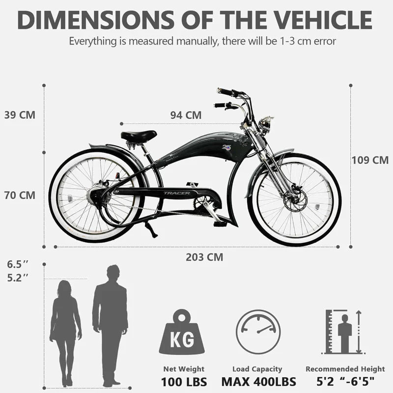Tracer Twenty5 DS 500W 26" Dual Springer Cruiser E-Bike, 48V 17.5Ah Battery, 30–50 Mile Range, 26” Fat Tires, Top Speed - Up to 25 MPH