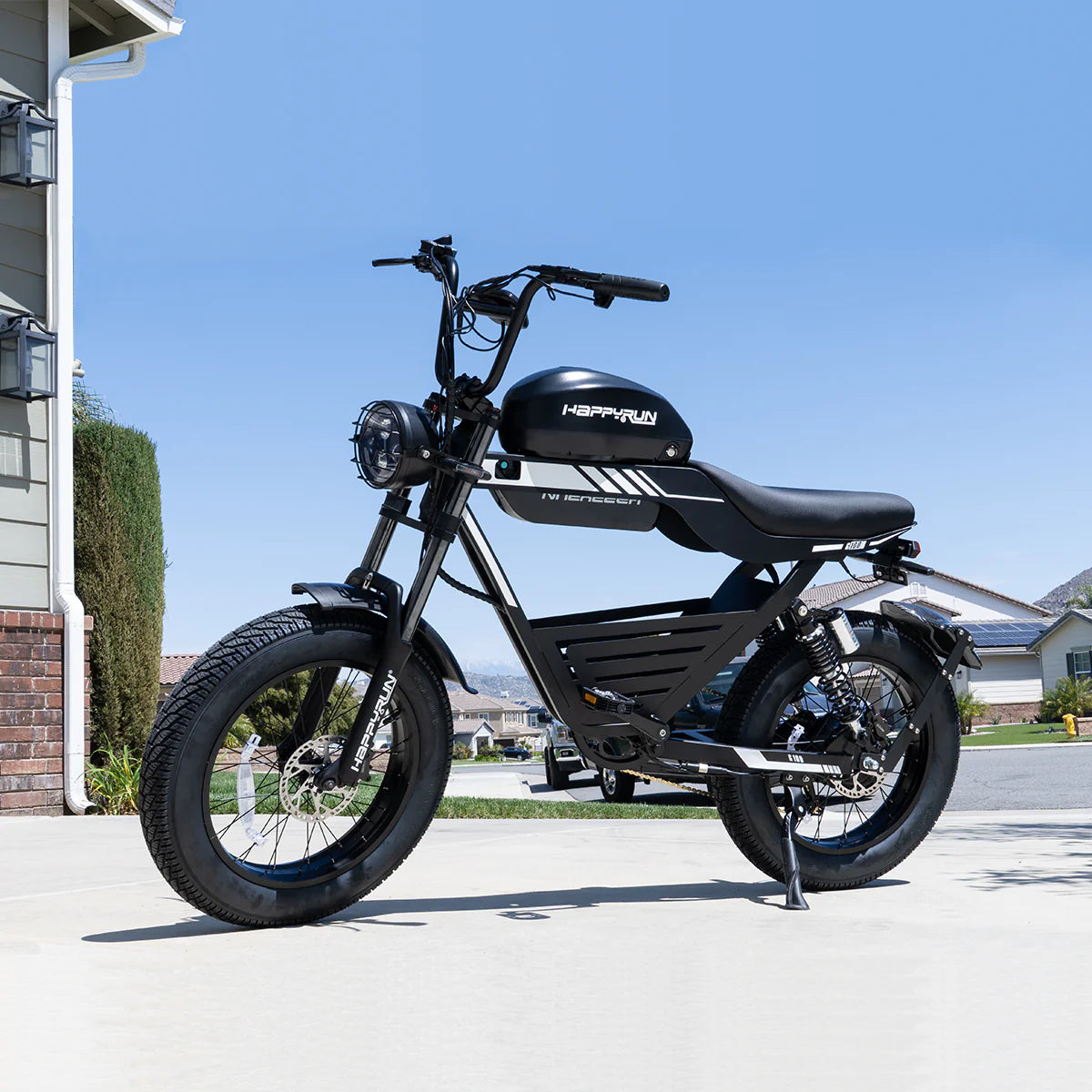 HappyRun G100 – 2000W Dual Battery Long-Range Electric Bike | Full Suspension, NFC Unlock, Retro-Inspired Design