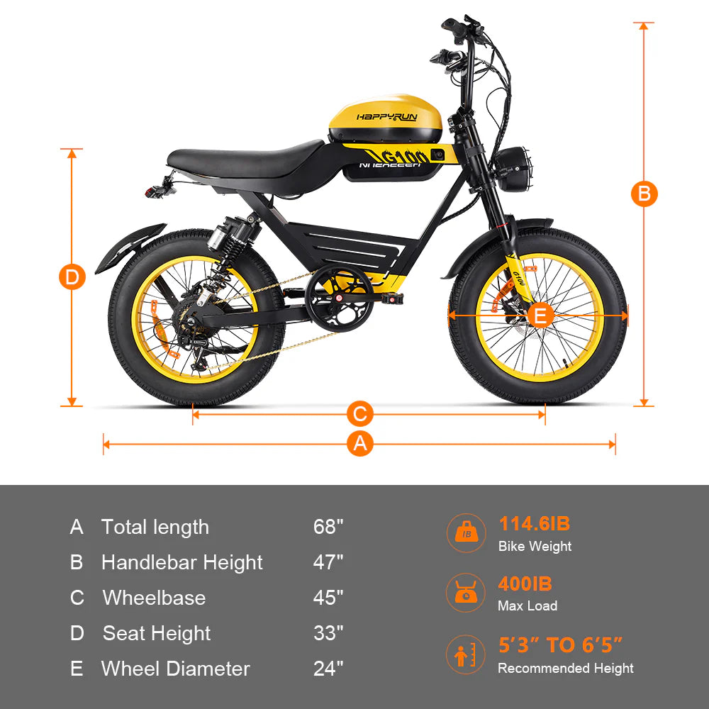 HappyRun G100 – 2000W Dual Battery Long-Range Electric Bike | Full Suspension, NFC Unlock, Retro-Inspired Design