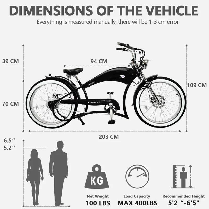 Tracer Twenty5 GT 500W 26" Chopper Cruiser E-Bike, 48V 17.5Ah Battery, 30–50 Mile Range, 26” Fat Tires, Up to 25 MPH