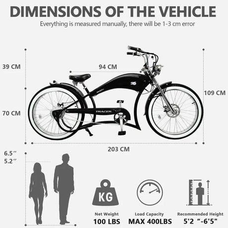 Tracer Twenty5 GT 500W 26" Chopper Cruiser E-Bike, 48V 17.5Ah Battery, 30–50 Mile Range, 26” Fat Tires, Up to 25 MPH