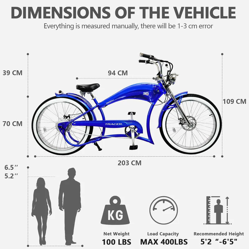 Tracer Twenty5 GT 500W 26" Chopper Cruiser E-Bike, 48V 17.5Ah Battery, 30–50 Mile Range, 26” Fat Tires, Up to 25 MPH