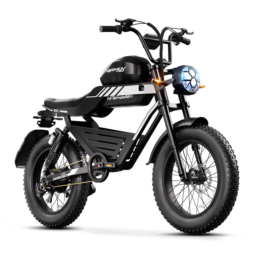 HappyRun G100 – 2000W Dual Battery Long-Range Electric Bike | Full Suspension, NFC Unlock, Retro-Inspired Design