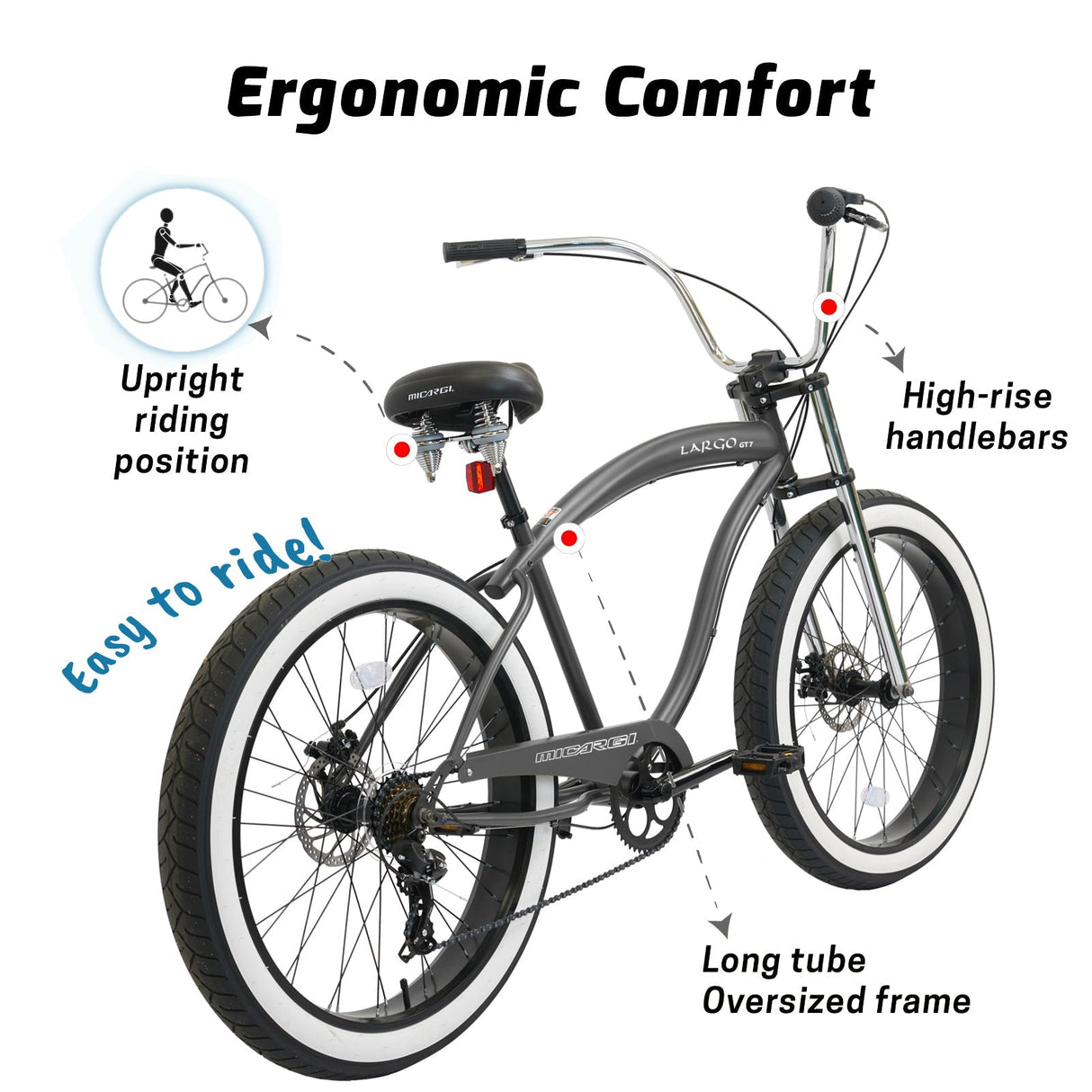 Micargi Largo GT7 26" Beach Cruiser Bike 7-Speed Steel Frame 26x4.0 Fat Tires