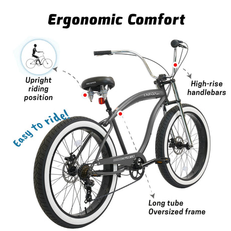 Micargi Largo GT7 26" Beach Cruiser Bike 7-Speed Steel Frame 26x4.0 Fat Tires