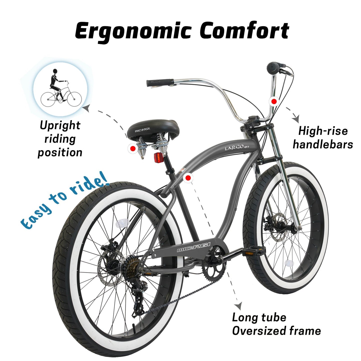 Micargi Largo GT7 26" Beach Cruiser Bike 7-Speed Steel Frame 26x4.0 Fat Tires