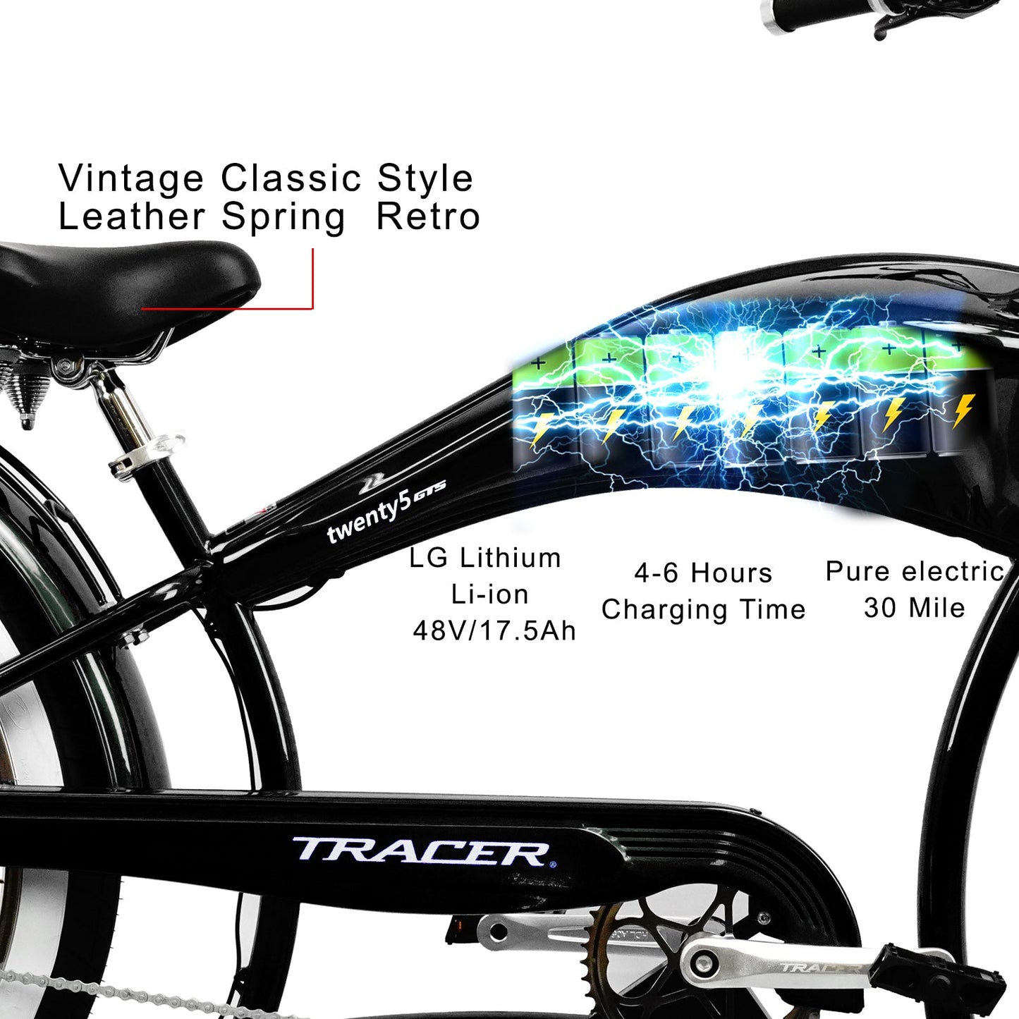 Tracer Twenty5 GTS 500W 26" Electric Cruiser Bike 48V 17.5Ah Top Speed 25MPH Fat Tire