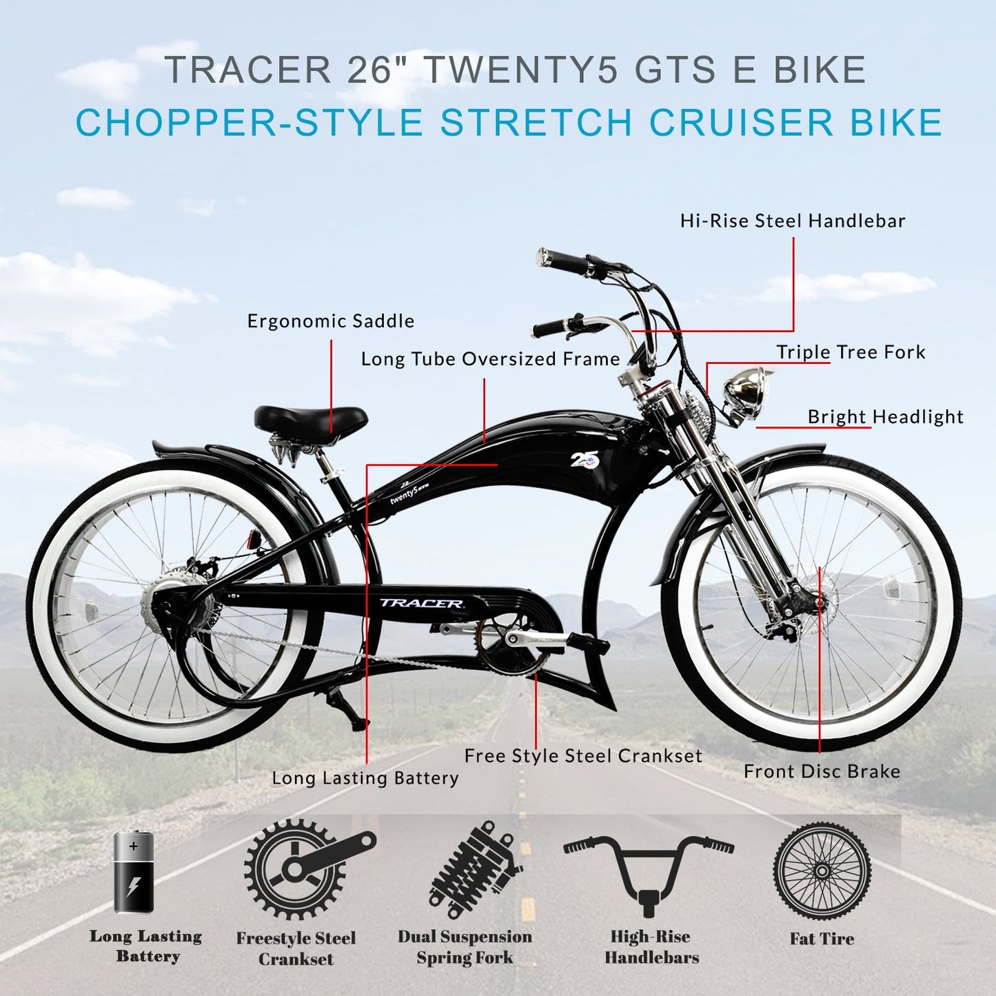 Tracer Twenty5 GTS 500W 26" Electric Cruiser Bike 48V 17.5Ah Top Speed 25MPH Fat Tire