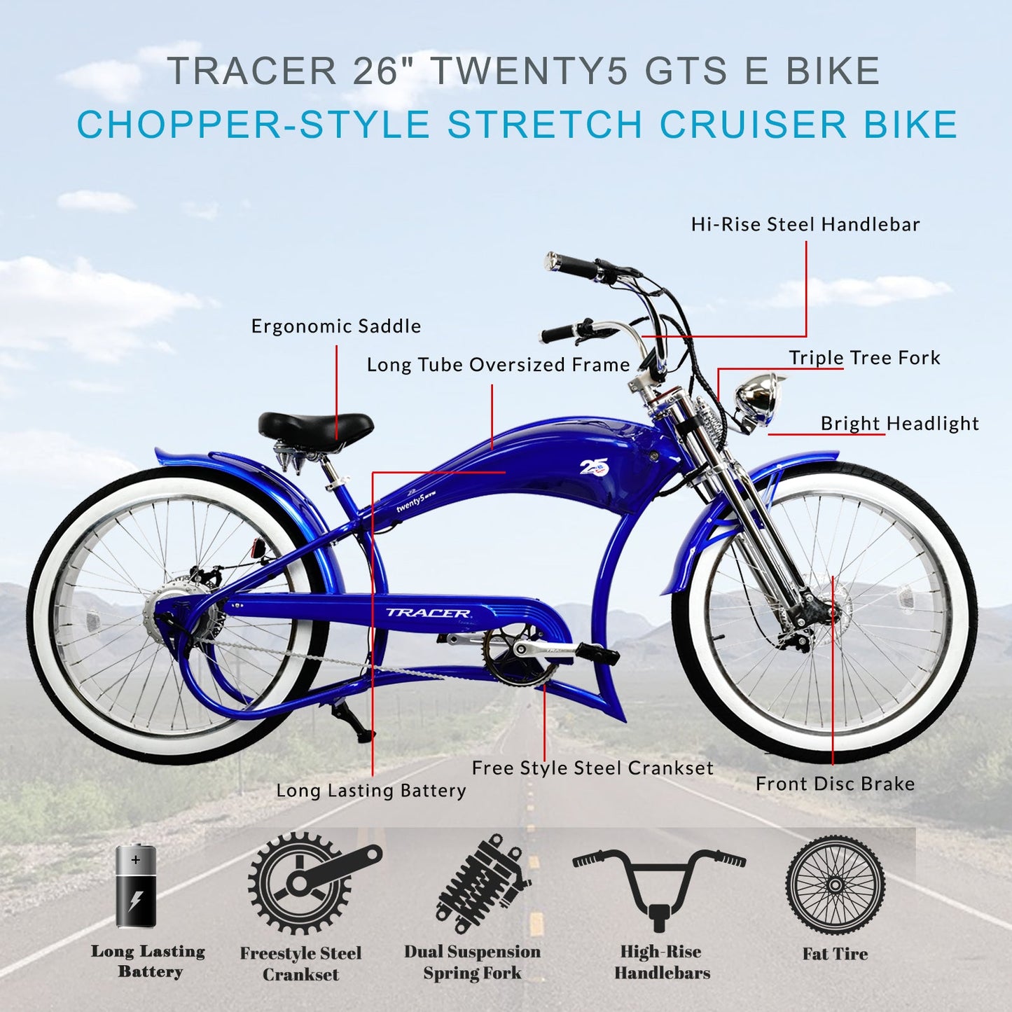 Tracer Twenty5 GTS 500W 26" Electric Cruiser Bike 48V 17.5Ah Top Speed 25MPH Fat Tire