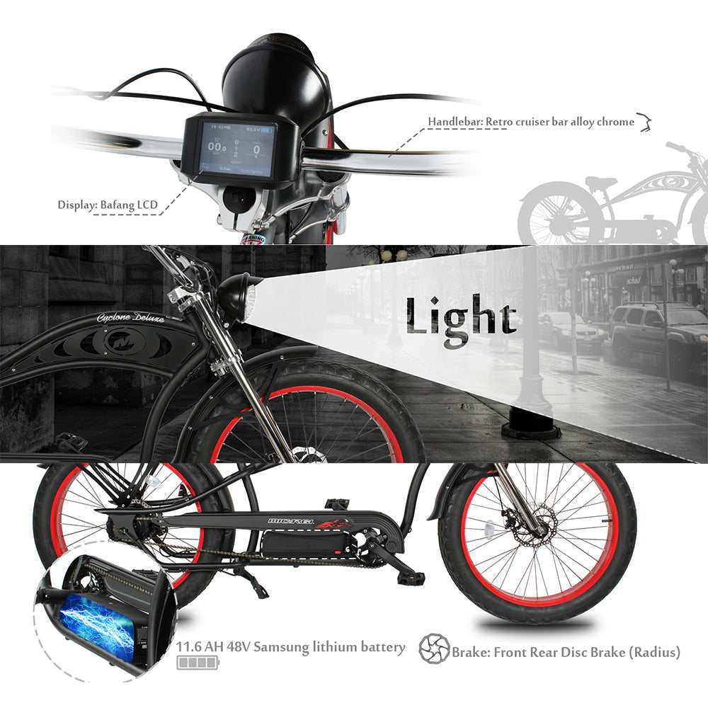 Micargi Cyclone 500W 26" Electric Fat Tire Cruiser 48V 11.6Ah Top Speed 20MPH