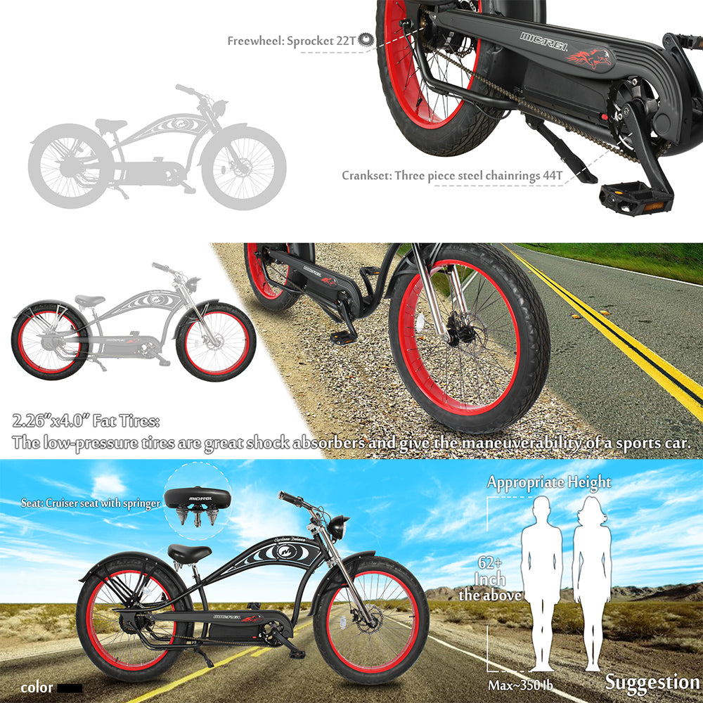 Micargi Cyclone 500W 26" Electric Fat Tire Cruiser 48V 11.6Ah Top Speed 20MPH