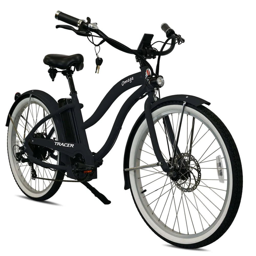 Tracer OMEGA 500W 26" 7-Speed Electric Beach Cruiser Bike for Women, 48V 14Ah Battery, 30–50 Mile Range, 26” Tires, Up to 25 MPH