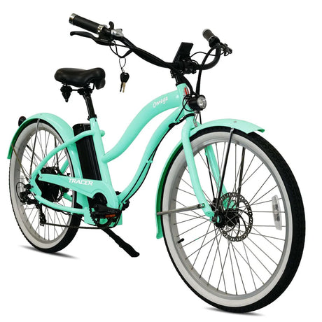 Tracer OMEGA 500W 26" 7-Speed Electric Beach Cruiser Bike for Women, 48V 14Ah Battery, 30–50 Mile Range, 26” Tires, Up to 25 MPH