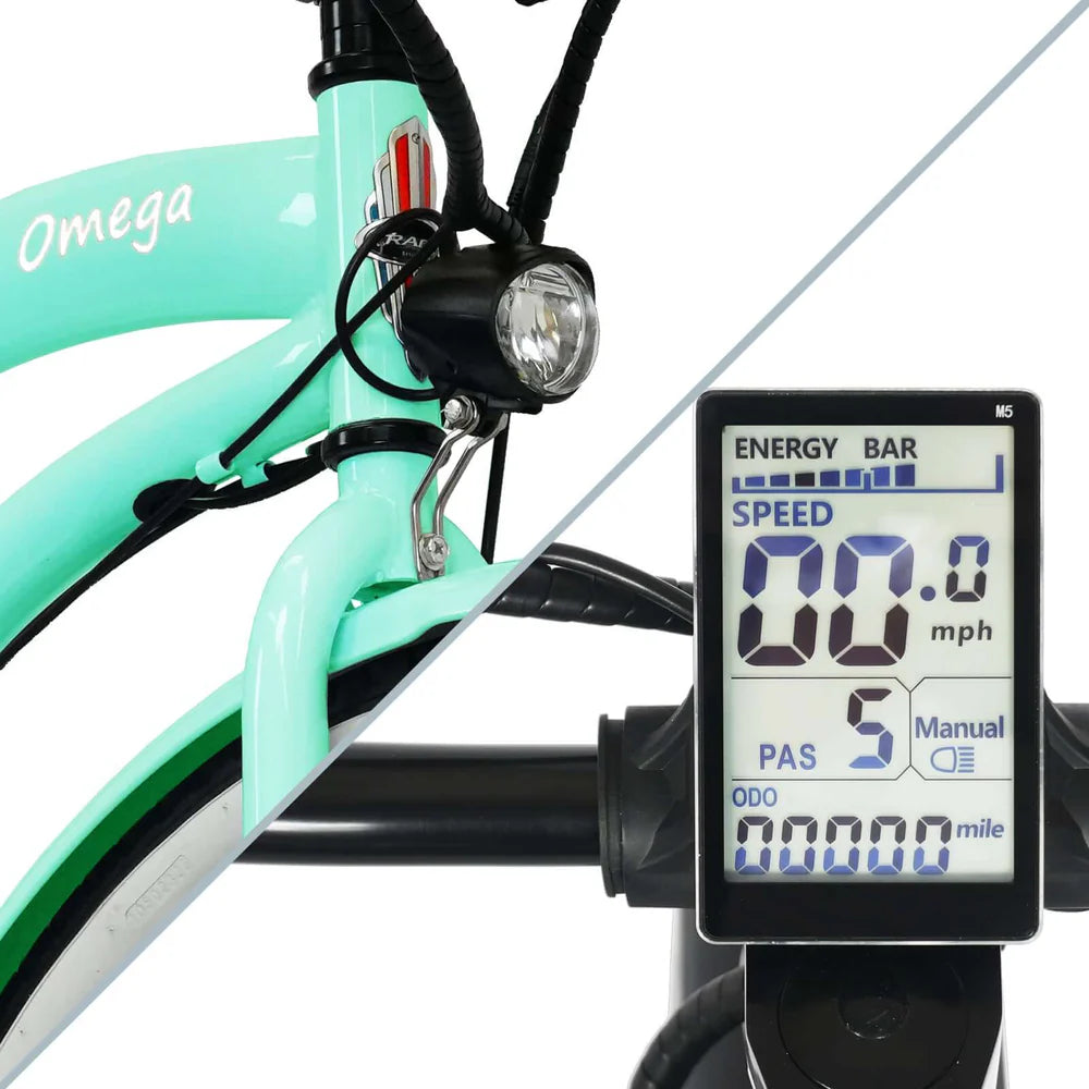 Tracer OMEGA 500W 26" 7-Speed Electric Beach Cruiser Bike for Women, 48V 14Ah Battery, 30–50 Mile Range, 26” Tires, Up to 25 MPH