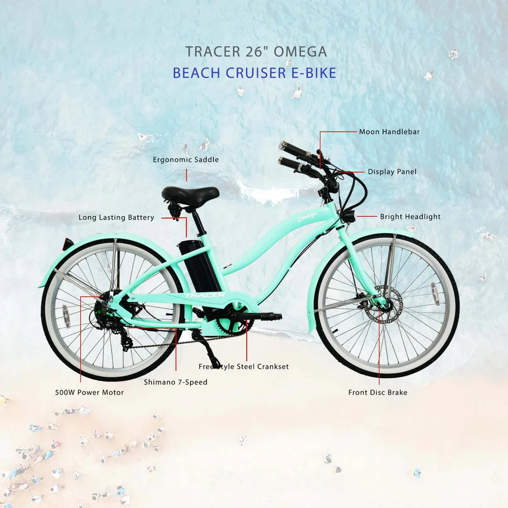 Tracer OMEGA 500W 26" 7-Speed Electric Beach Cruiser Bike for Women, 48V 14Ah Battery, 30–50 Mile Range, 26” Tires, Up to 25 MPH