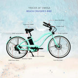 Tracer OMEGA 500W 26" 7-Speed Electric Beach Cruiser Bike for Women, 48V 14Ah Battery, 30–50 Mile Range, 26” Tires, Up to 25 MPH