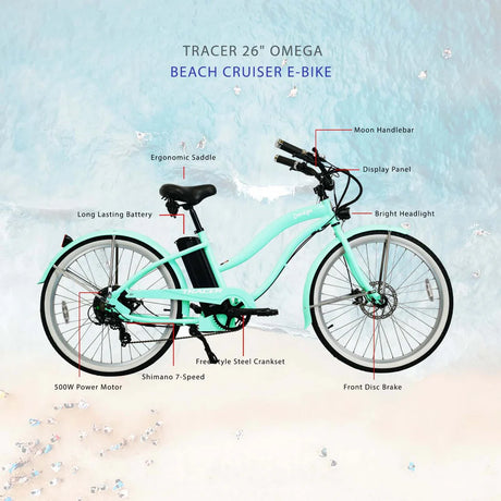 Tracer OMEGA 500W 26" 7-Speed Electric Beach Cruiser Bike for Women, 48V 14Ah Battery, 30–50 Mile Range, 26” Tires, Up to 25 MPH