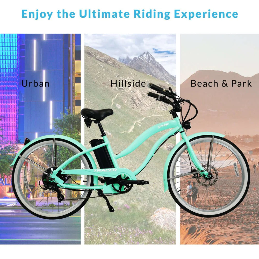 Tracer OMEGA 500W 26" 7-Speed Electric Beach Cruiser Bike for Women, 48V 14Ah Battery, 30–50 Mile Range, 26” Tires, Up to 25 MPH