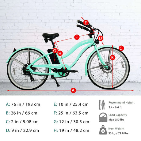 Tracer OMEGA 500W 26" 7-Speed Electric Beach Cruiser Bike for Women, 48V 14Ah Battery, 30–50 Mile Range, 26” Tires, Up to 25 MPH