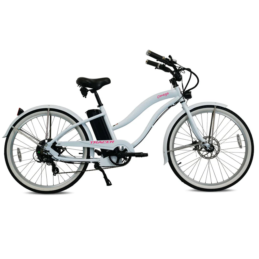 Tracer OMEGA 500W 26" 7-Speed Electric Beach Cruiser Bike for Women, 48V 14Ah Battery, 30–50 Mile Range, 26” Tires, Up to 25 MPH