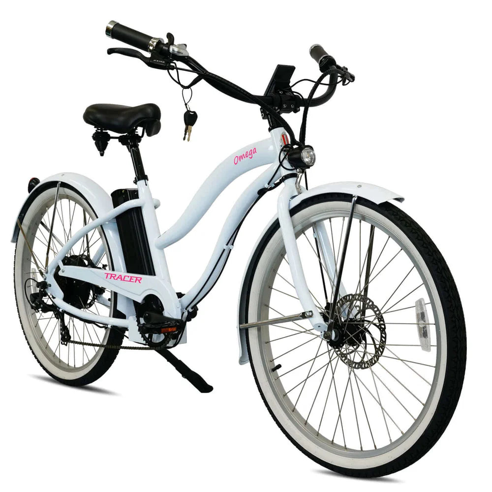 Tracer OMEGA 500W 26" 7-Speed Electric Beach Cruiser Bike for Women, 48V 14Ah Battery, 30–50 Mile Range, 26” Tires, Up to 25 MPH