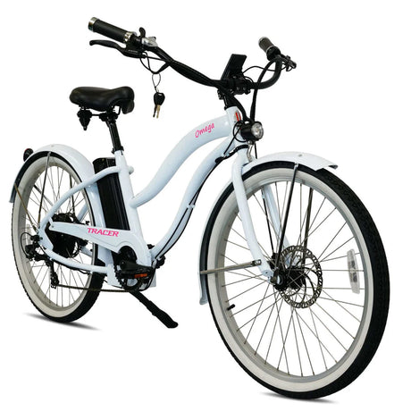 Tracer OMEGA 500W 26" 7-Speed Electric Beach Cruiser Bike for Women, 48V 14Ah Battery, 30–50 Mile Range, 26” Tires, Up to 25 MPH