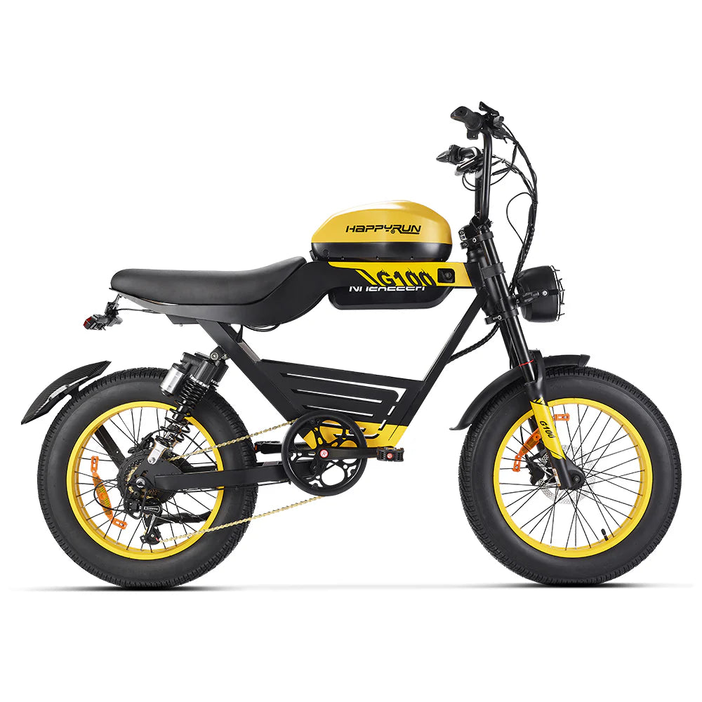 HappyRun G100 – 2000W Dual Battery Long-Range Electric Bike | Full Suspension, NFC Unlock, Retro-Inspired Design