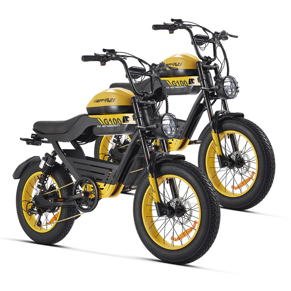 HappyRun G100 – 2000W Dual Battery Long-Range Electric Bike | Full Suspension, NFC Unlock, Retro-Inspired Design