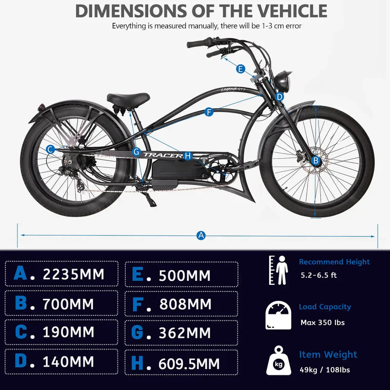 Tracer Legend GT7 1000W Stretch Cruiser Chopper E-Bike, 48V 20Ah Battery, 55–65 Mile Range, 26” Fat Tires, Shimano 7-Speed