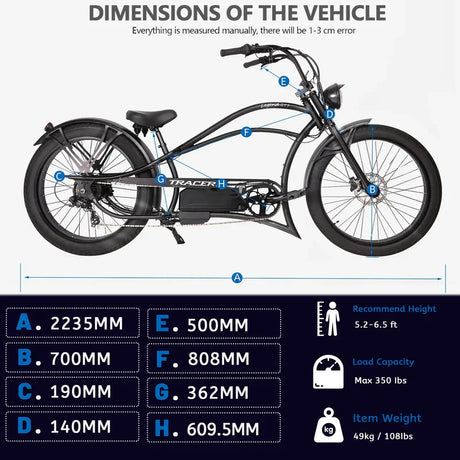 Tracer Legend GT7 1000W Stretch Cruiser Chopper E-Bike, 48V 20Ah Battery, 55–65 Mile Range, 26” Fat Tires, Shimano 7-Speed