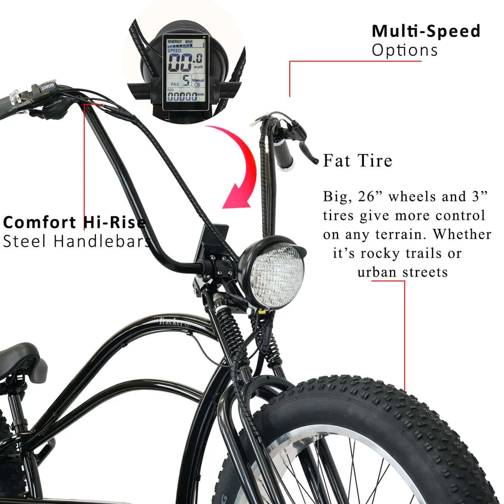 Tracer Tracker DS7 26" 800W Stretch Cruiser E-Bike, 48V 17.5Ah Battery, 25 MPH Top Speed, 25 Mile Range, Shimano 7-Speed