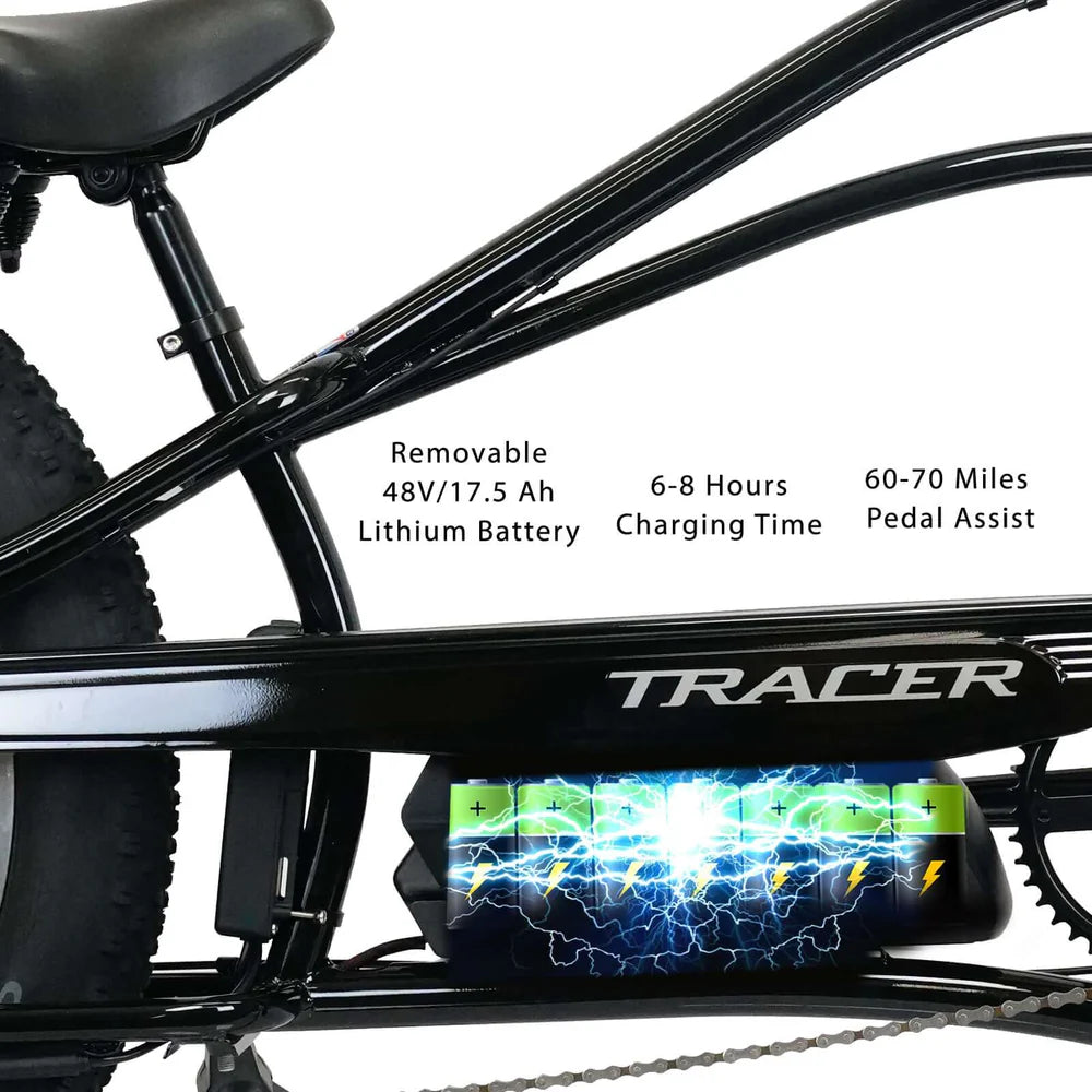 Tracer Tracker DS7 26" 800W Stretch Cruiser E-Bike, 48V 17.5Ah Battery, 25 MPH Top Speed, 25 Mile Range, Shimano 7-Speed