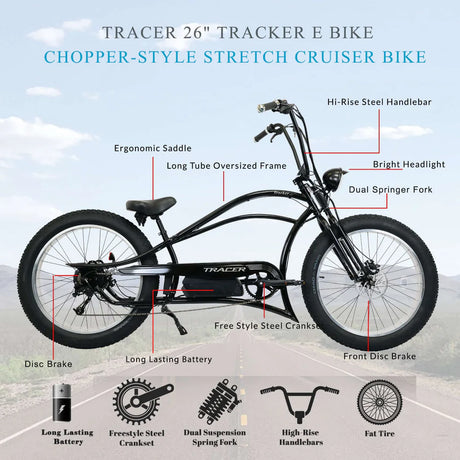 Tracer Tracker DS7 26" 800W Stretch Cruiser E-Bike, 48V 17.5Ah Battery, 25 MPH Top Speed, 25 Mile Range, Shimano 7-Speed
