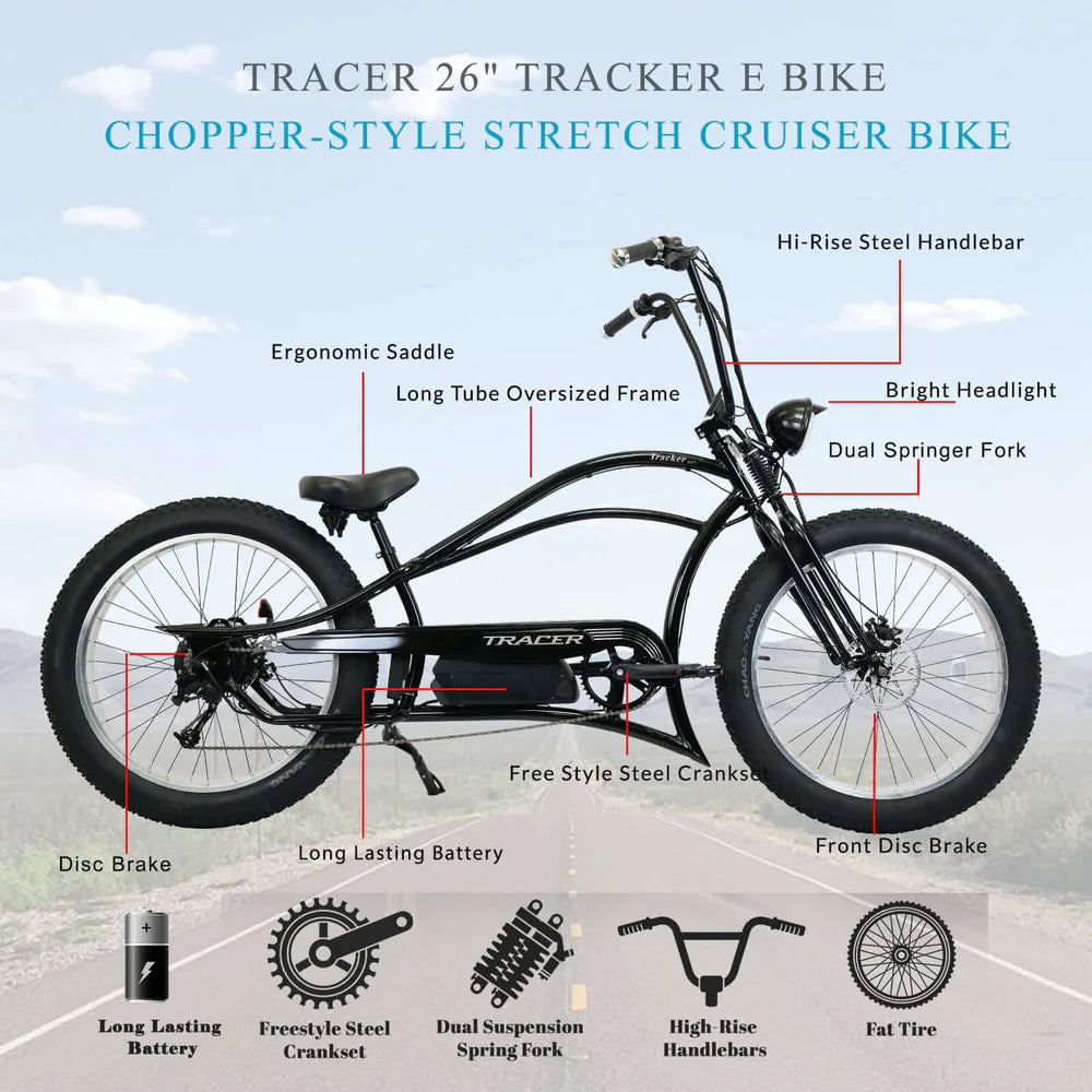 Tracer Tracker DS7 26" 800W Stretch Cruiser E-Bike, 48V 17.5Ah Battery, 25 MPH Top Speed, 25 Mile Range, Shimano 7-Speed