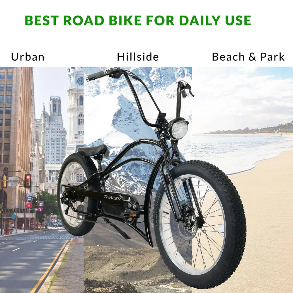 Tracer Tracker DS7 26" 800W Stretch Cruiser E-Bike, 48V 17.5Ah Battery, 25 MPH Top Speed, 25 Mile Range, Shimano 7-Speed