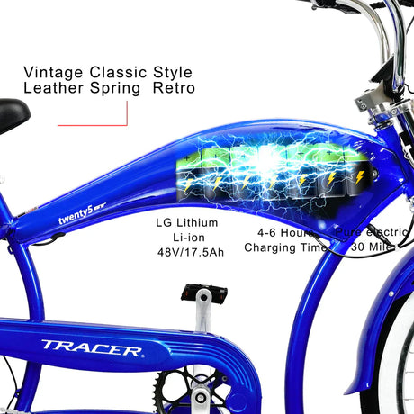 Tracer Twenty5 GT 500W 26" Cruiser E-Bike 500W Motor 22 mph 48V 17.5Ah Battery