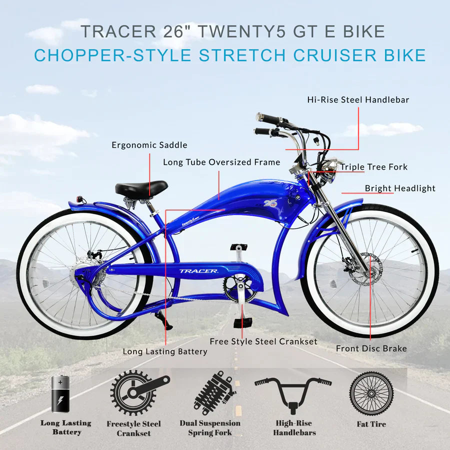 Tracer Twenty5 GT 500W 26" Cruiser E-Bike 500W Motor 22 mph 48V 17.5Ah Battery
