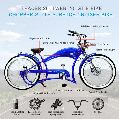 Tracer Twenty5 GT 500W 26" Cruiser E-Bike 500W Motor 22 mph 48V 17.5Ah Battery