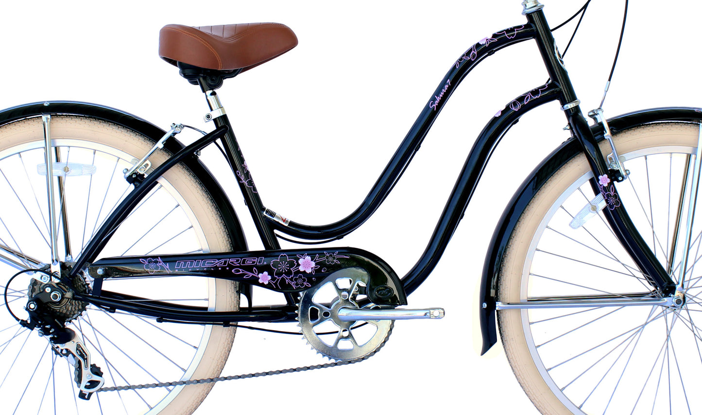 Micargi Sakura 7SP 26" Steel frame LADIES cruiser pedal forward w/ Shimano TX-31-7Speed V-Brake - Black